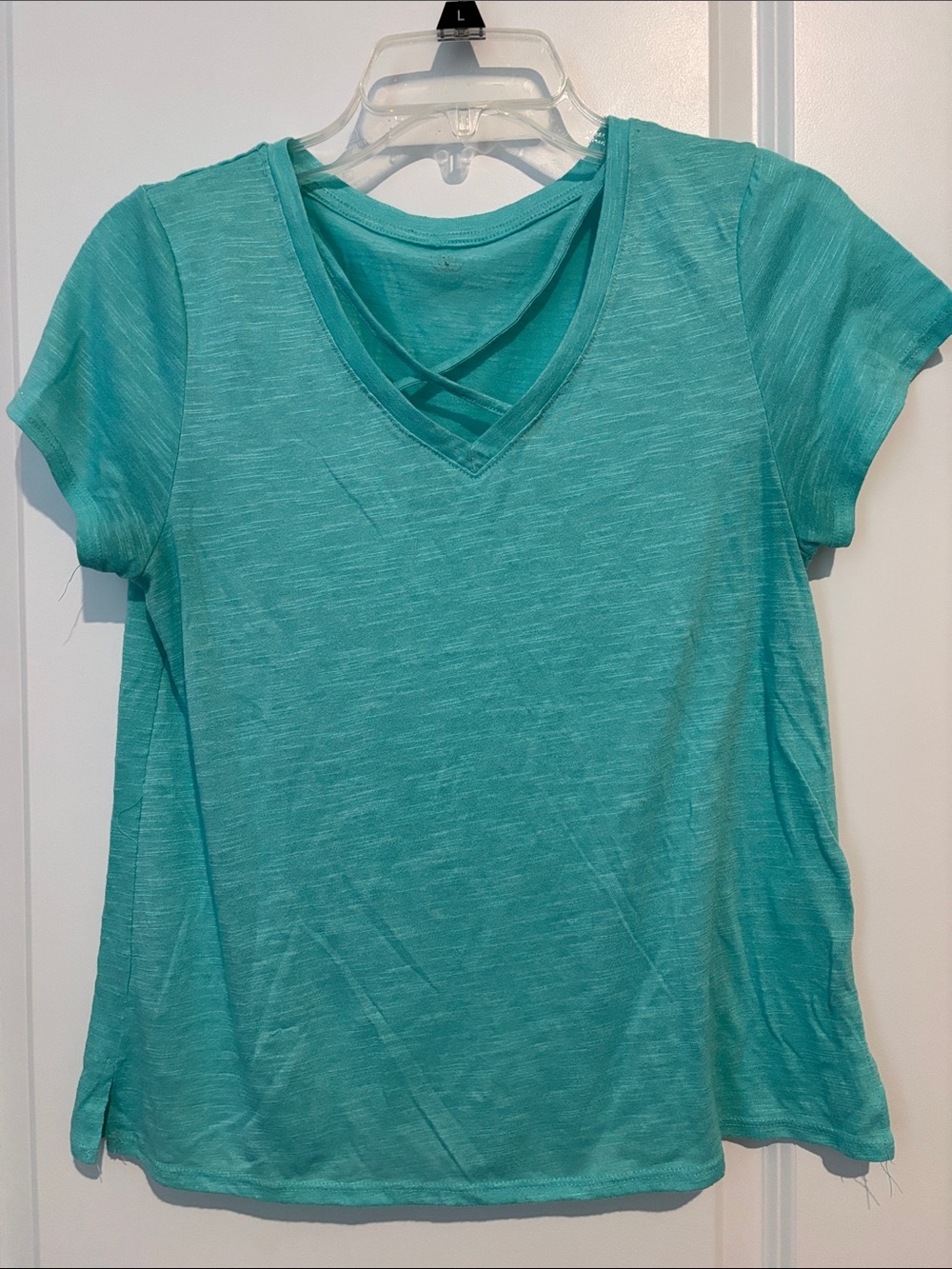 Balance Collection Women’s Teal V-Neck Short Sleeve Top with Crisscross Detail